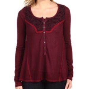 Free People Maroon Diego Henley Long Sleeve Waffle Button Down